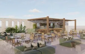 Lumo Rooftop Bar with lounge seating under the pergola
