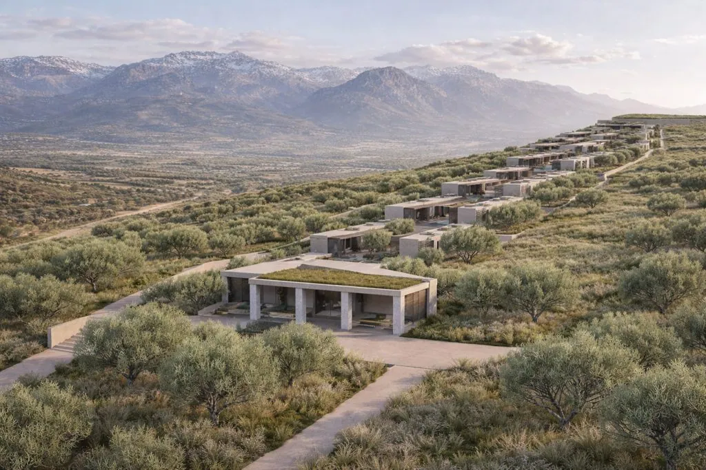 Chrysi Elaia Resort among olive trees with the White Mountains behind